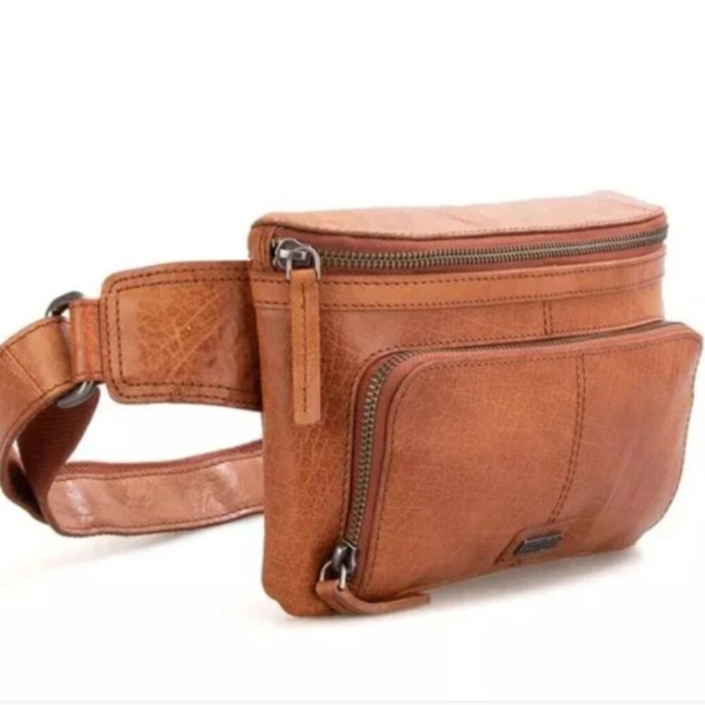 SPIKES & SPARROW Leather Belt Bag With Front Zip Pocket Camel Brown
